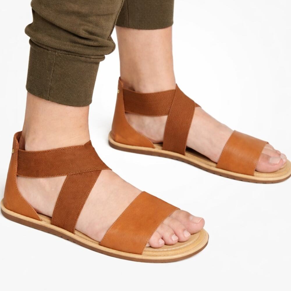 Sorel Ella II leather sandals brown cognac elastic cross-straps size 9